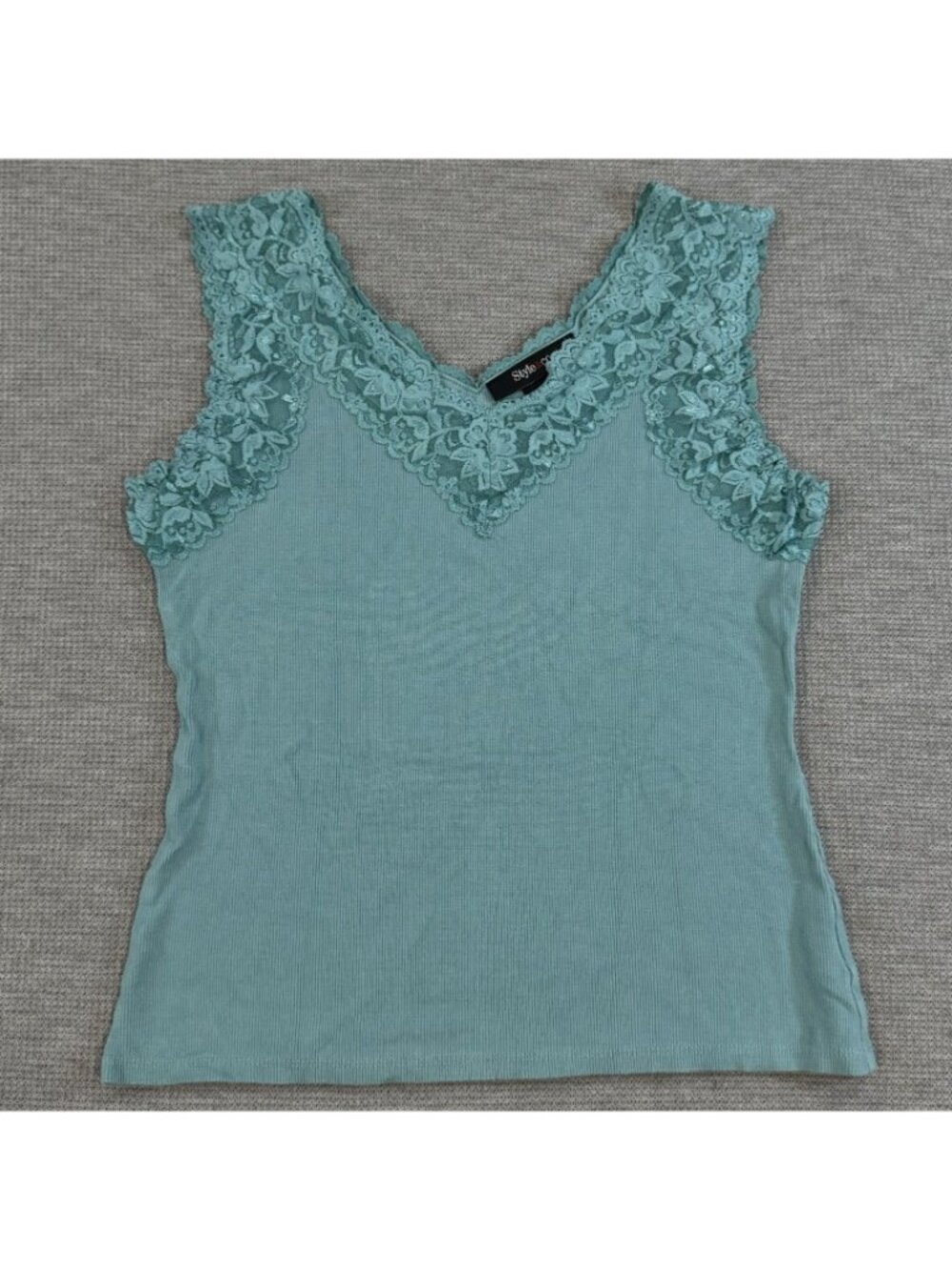 Style & Co Lace Trim Tank Top Womens Size M Teal V-Neck Stretch Rayon Layering - Picture 3 of 11